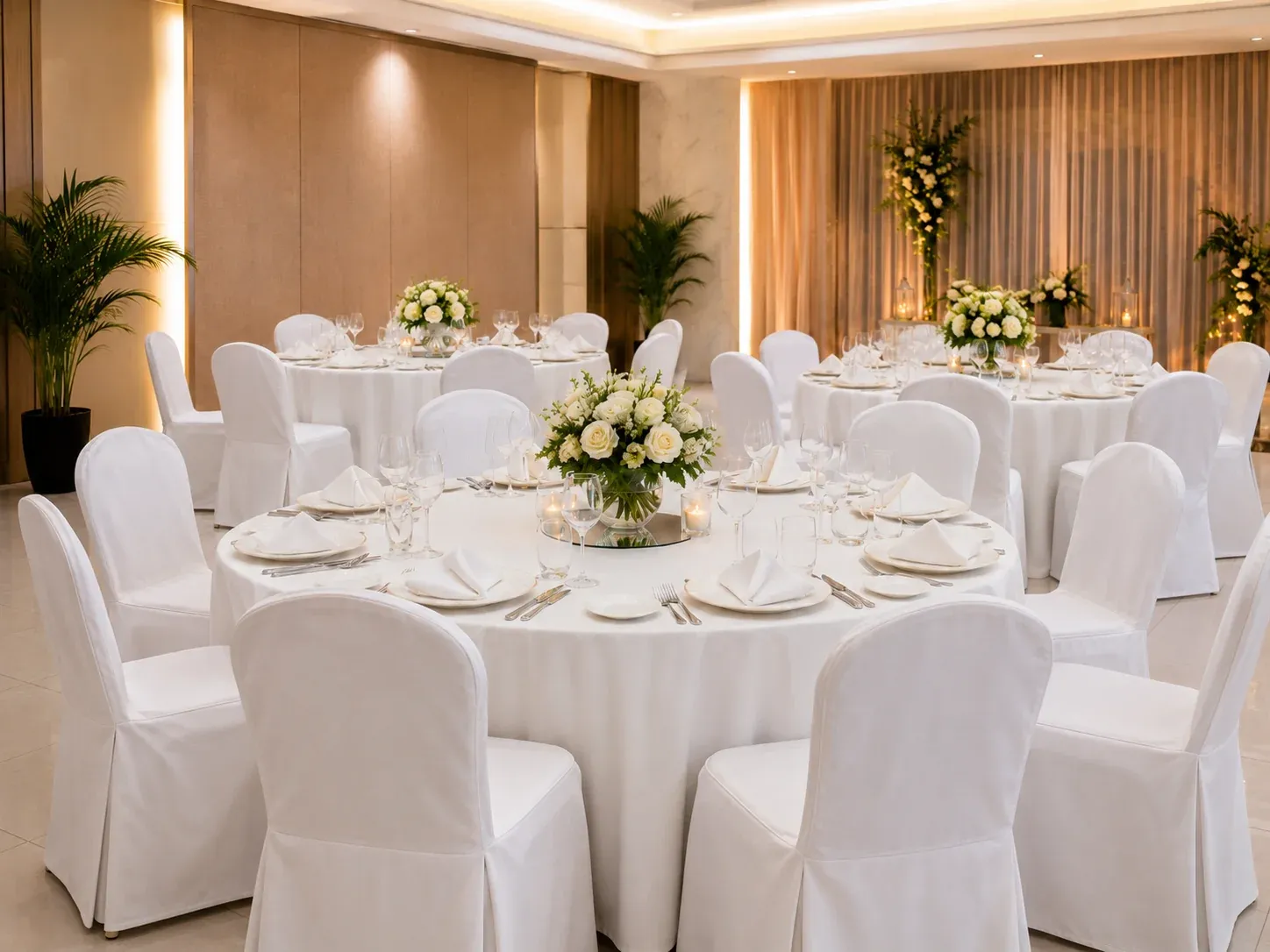 Round tables and white covered chairs arranged for a formal event