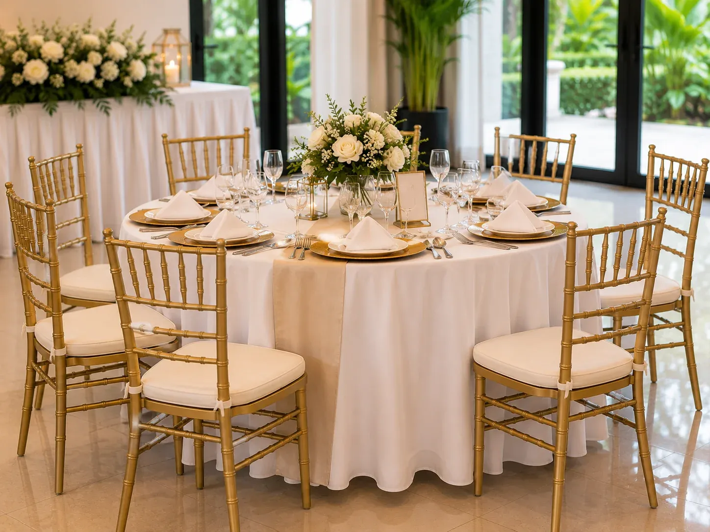 Gold Tiffany chairs arranged around a formal event table