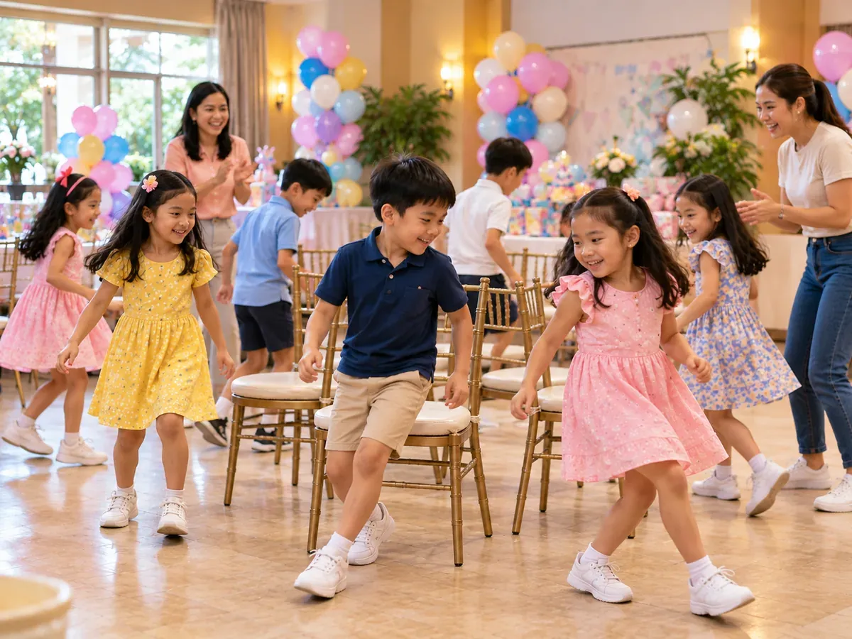 Children moving around stable chairs for Trip to Jerusalem while an adult controls the music