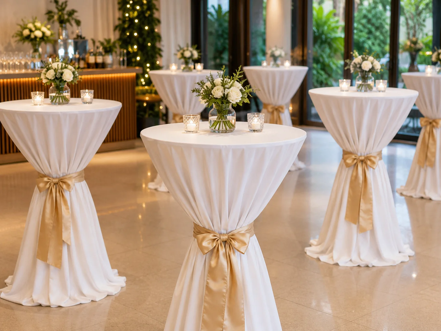 Cocktail tables with white floor-length linens and gold ribbon accents for an event