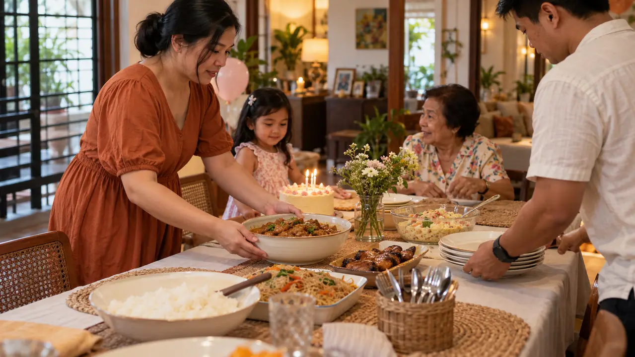 Filipino family members bringing a birthday handa together around one shared table.