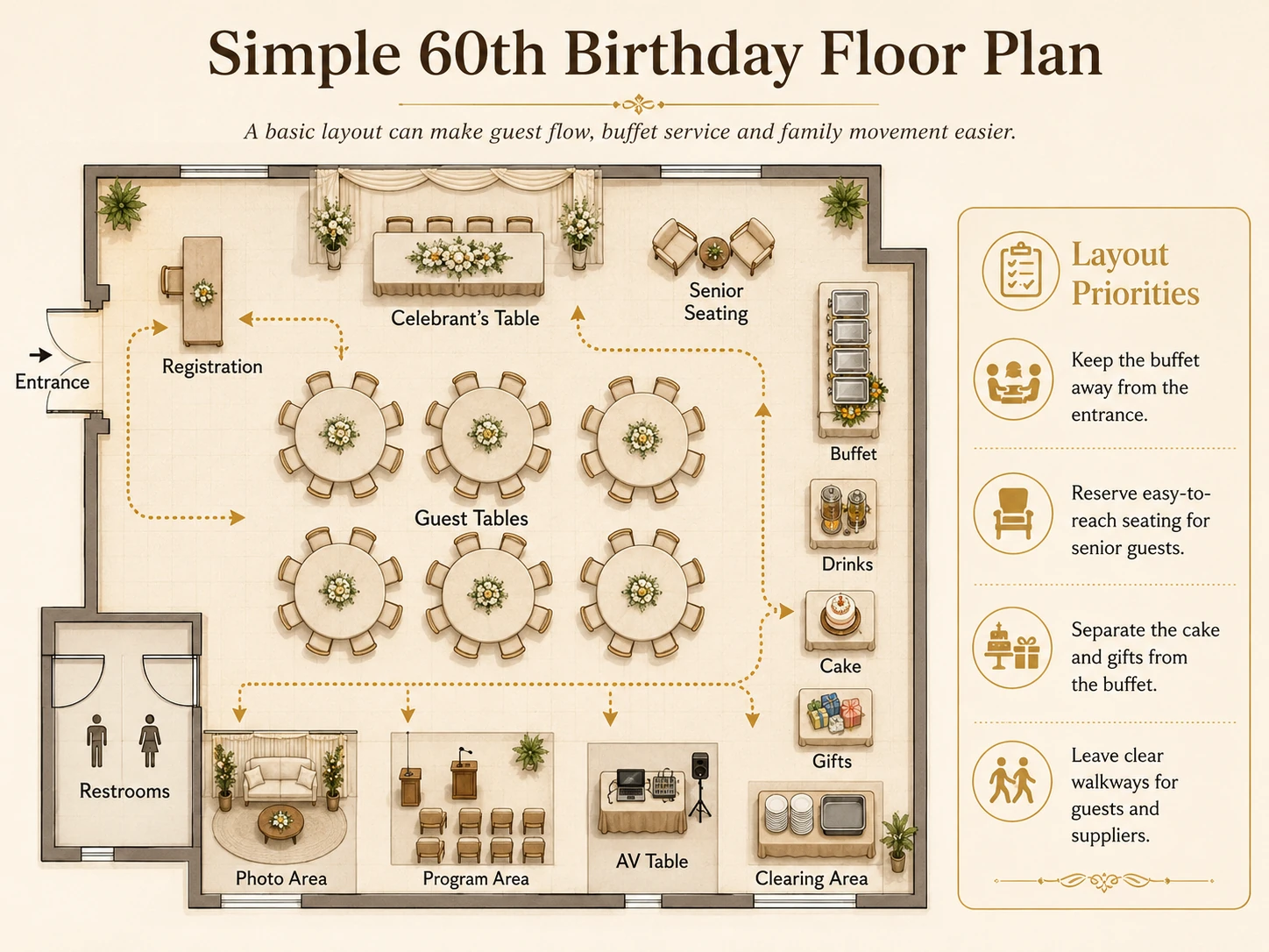 Practical floor plan for a 60th birthday with guest seating, buffet, cake and program areas
