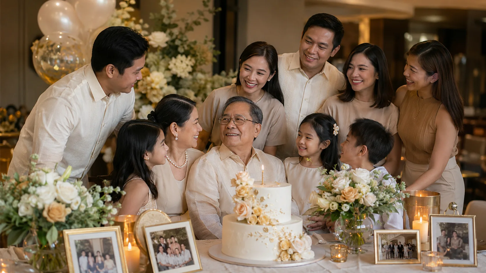 Filipino family celebrating a meaningful 60th birthday with dinner, cake and family photographs