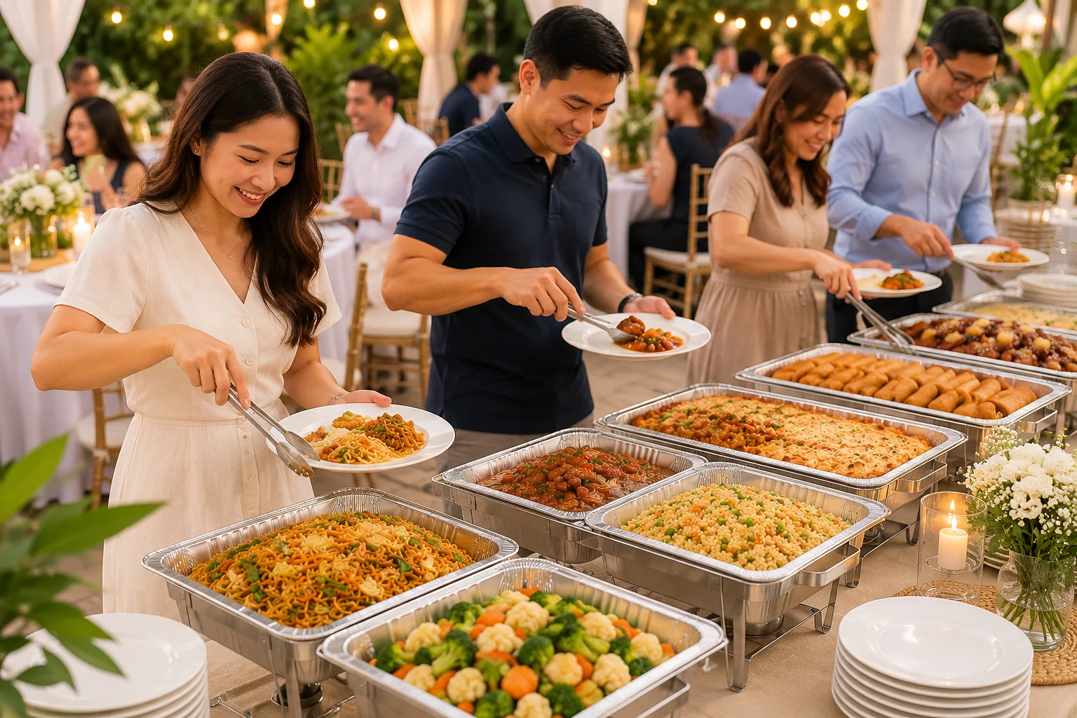 Guests serving themselves from a buffet at an outdoor evening celebration.