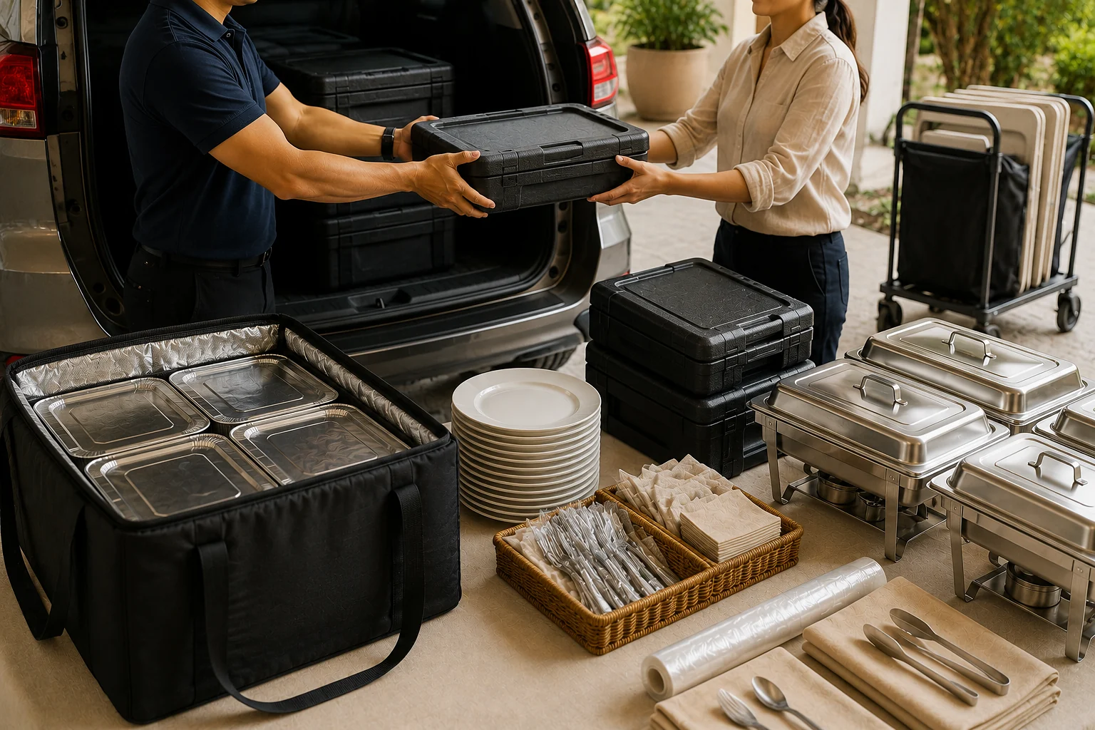 Food trays and buffet equipment being handed over from a vehicle at a receiving area.