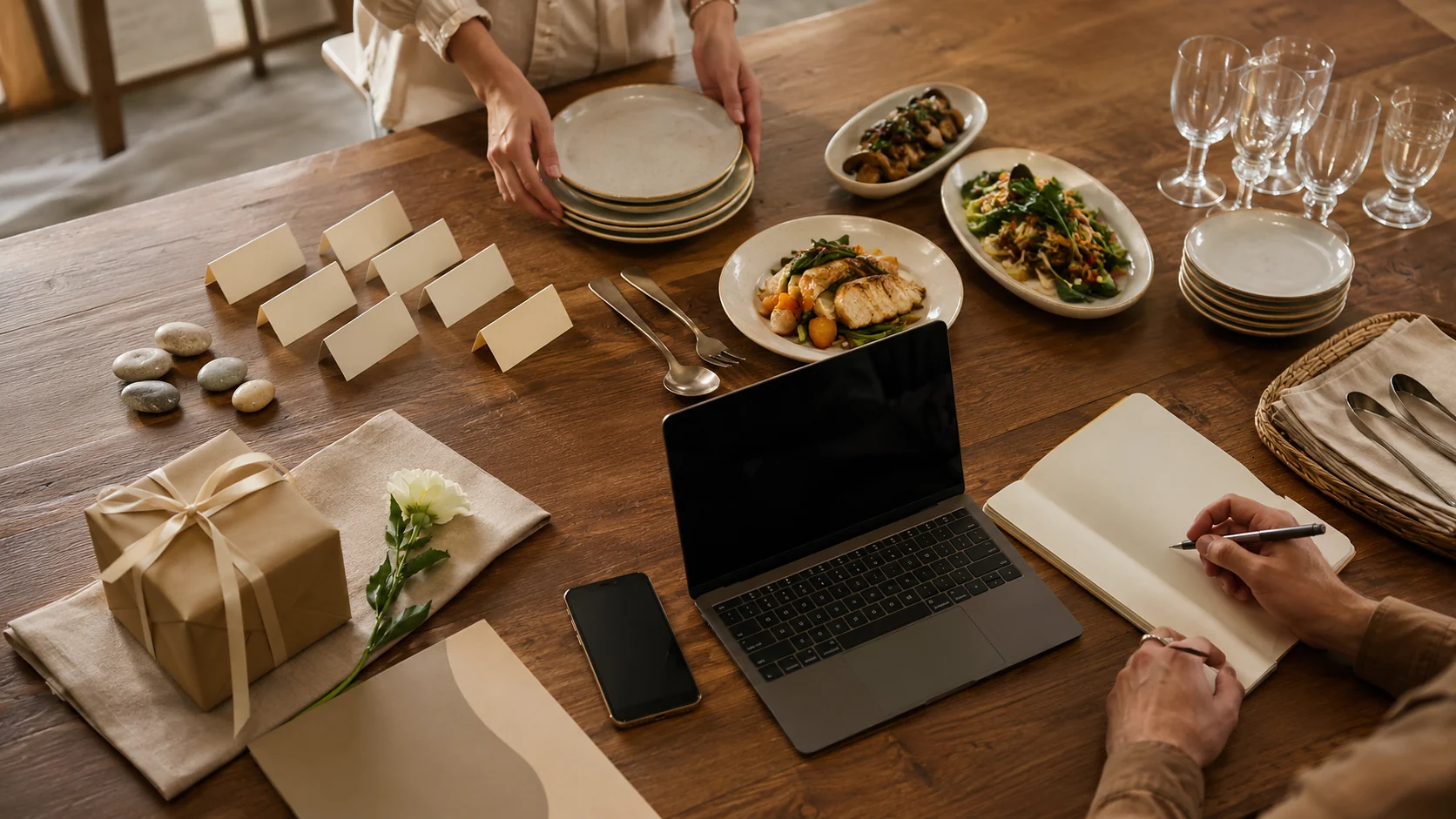 Two people planning an event meal around a table with blank notes, place settings and sample dishes.