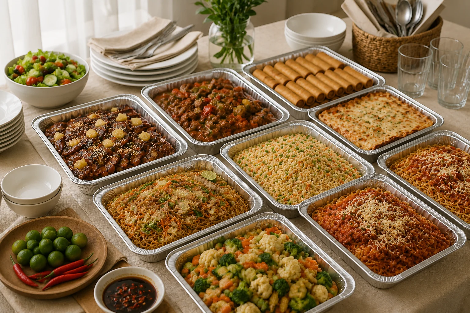 A varied food tray spread with noodles, rice, vegetables, baked dishes, spring rolls and several main dishes.