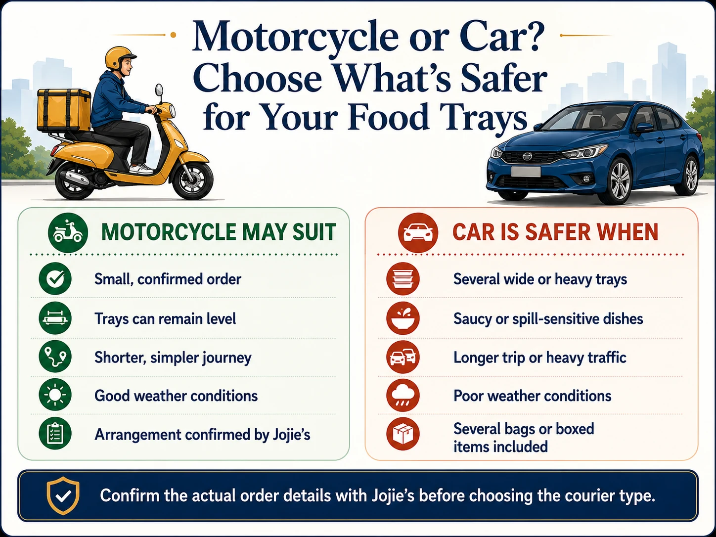 Motorcycle versus car courier guide for collecting food trays safely