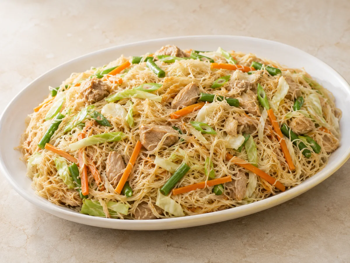 Editorial close-up of fine Pancit Bihon noodles with vegetables and meat