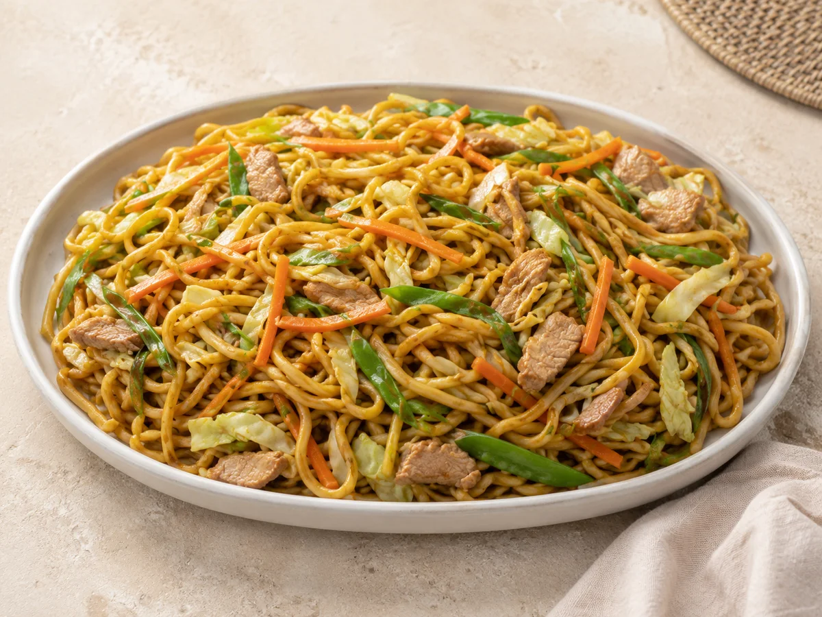 Editorial close-up of thick golden Pancit Canton noodles with vegetables and meat