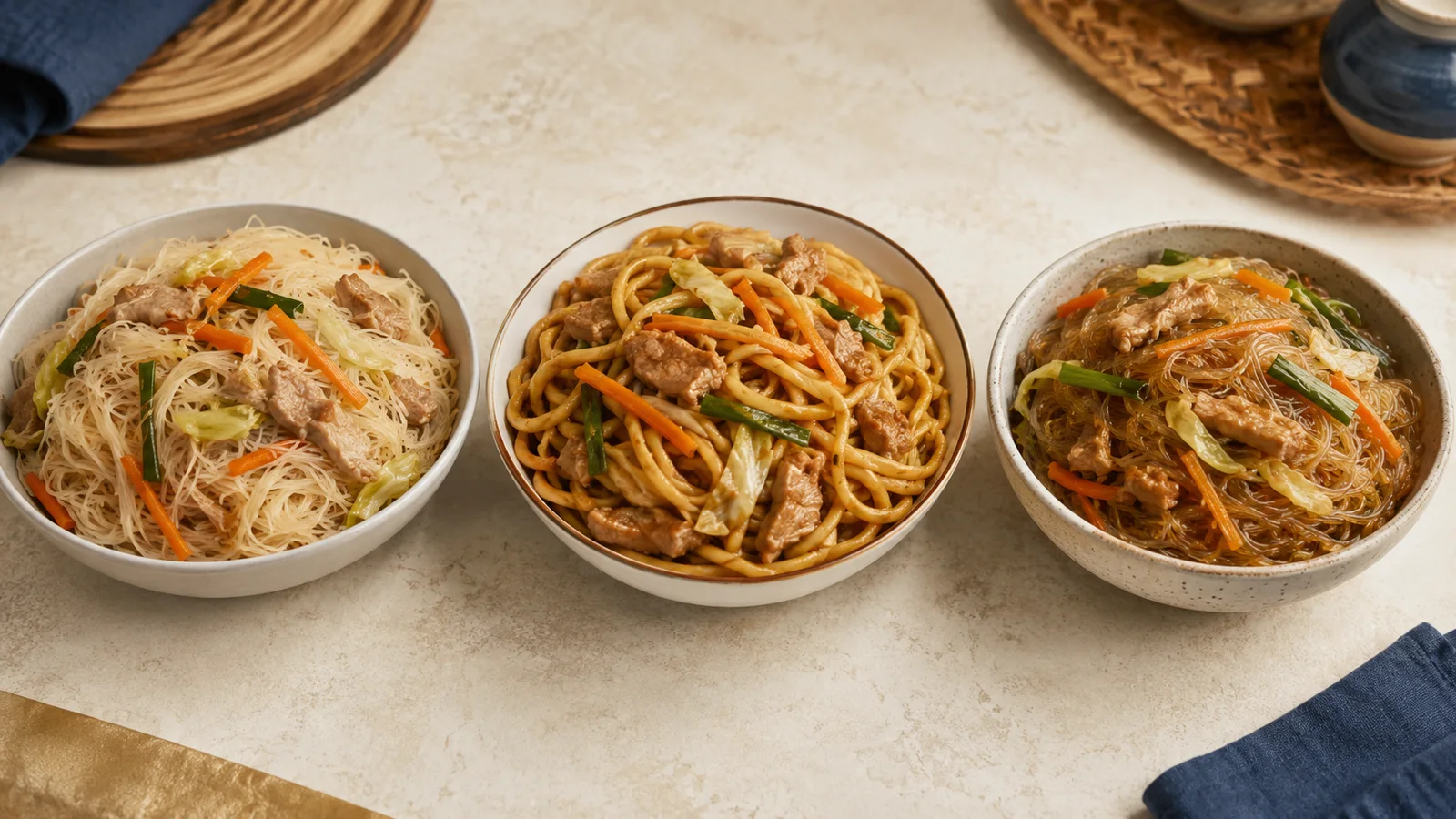 Pancit Bihon, Pancit Canton and Sotanghon arranged side by side for visual comparison