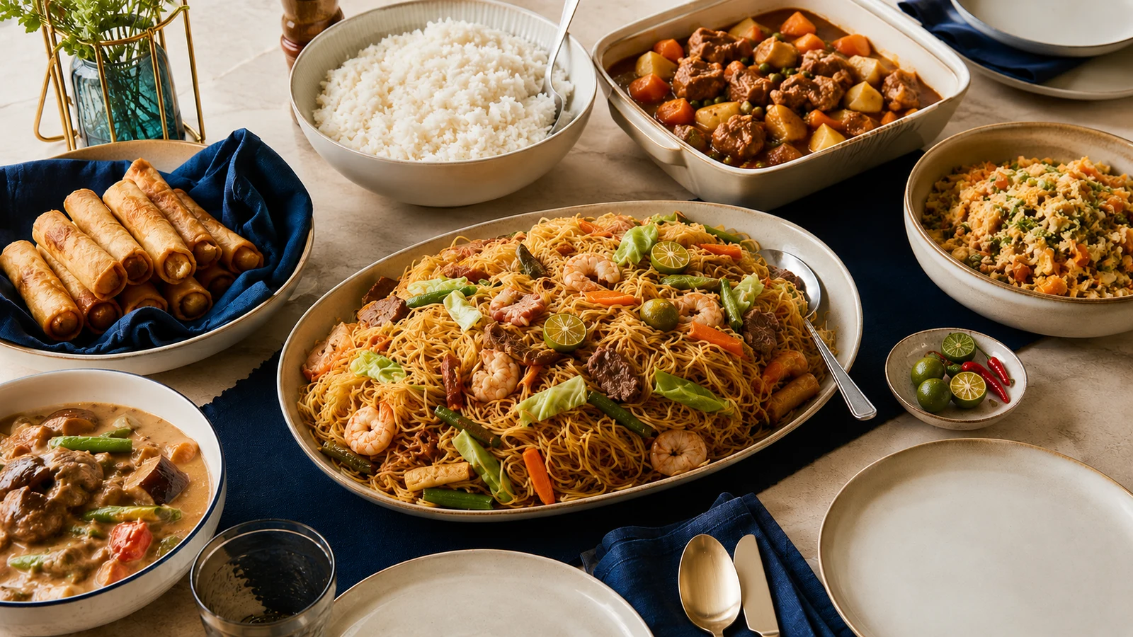 Pancit served with rice, appetizers and Filipino viands for a shared gathering