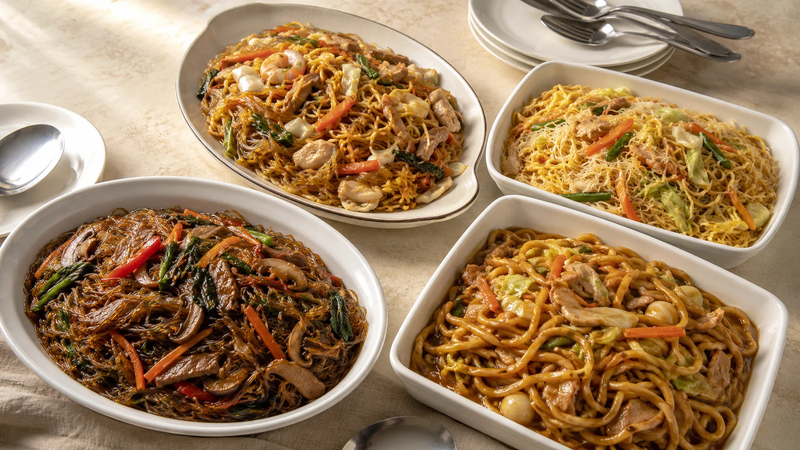 Seven contrasting pancit and noodle preparations arranged for comparison
