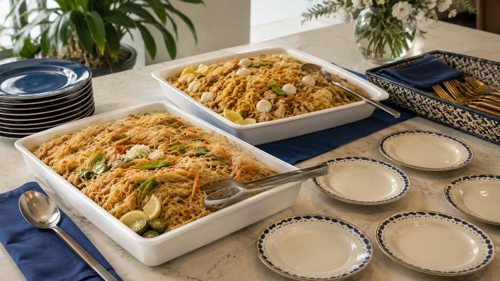 Two pancit trays with plates arranged for group serving and quantity planning