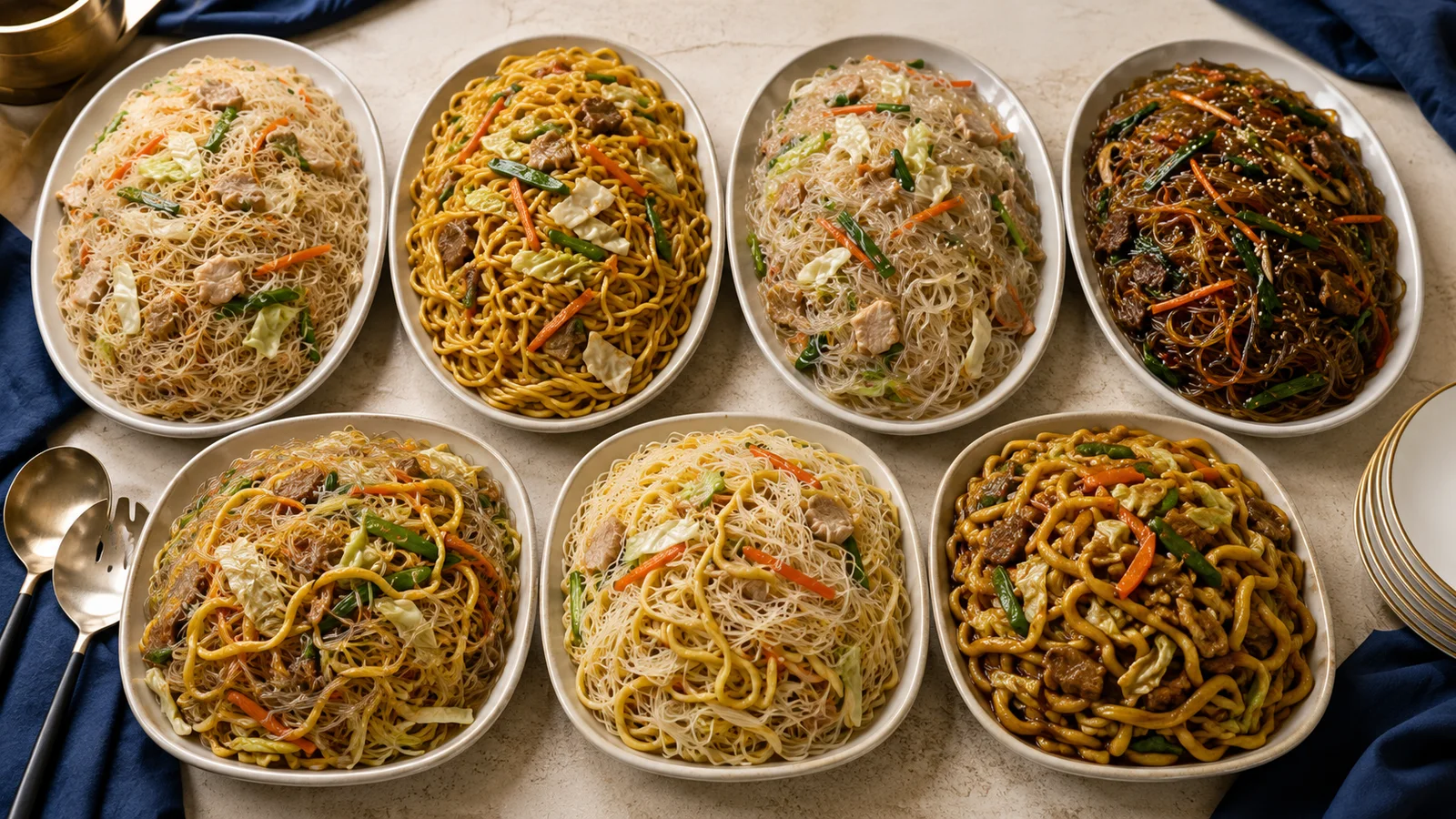 Seven Filipino-style noodle dishes arranged in separate serving platters