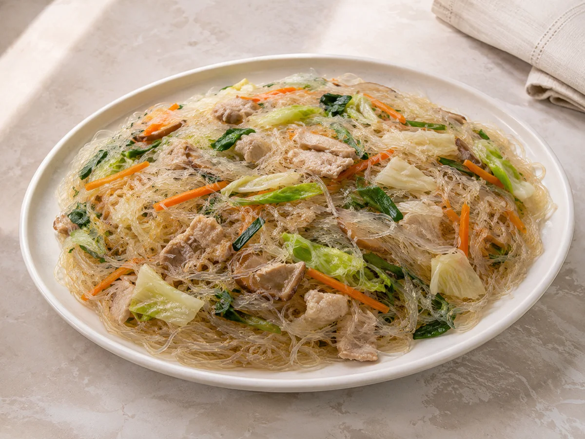 Editorial close-up of translucent Sotanghon glass noodles with vegetables and meat