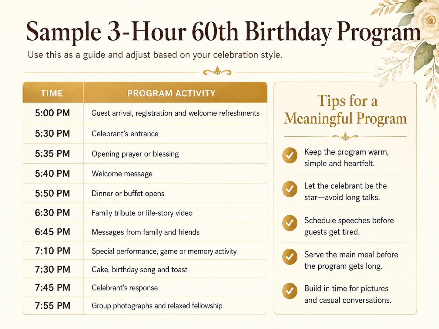 Sample three-hour program timeline for a Filipino 60th birthday celebration