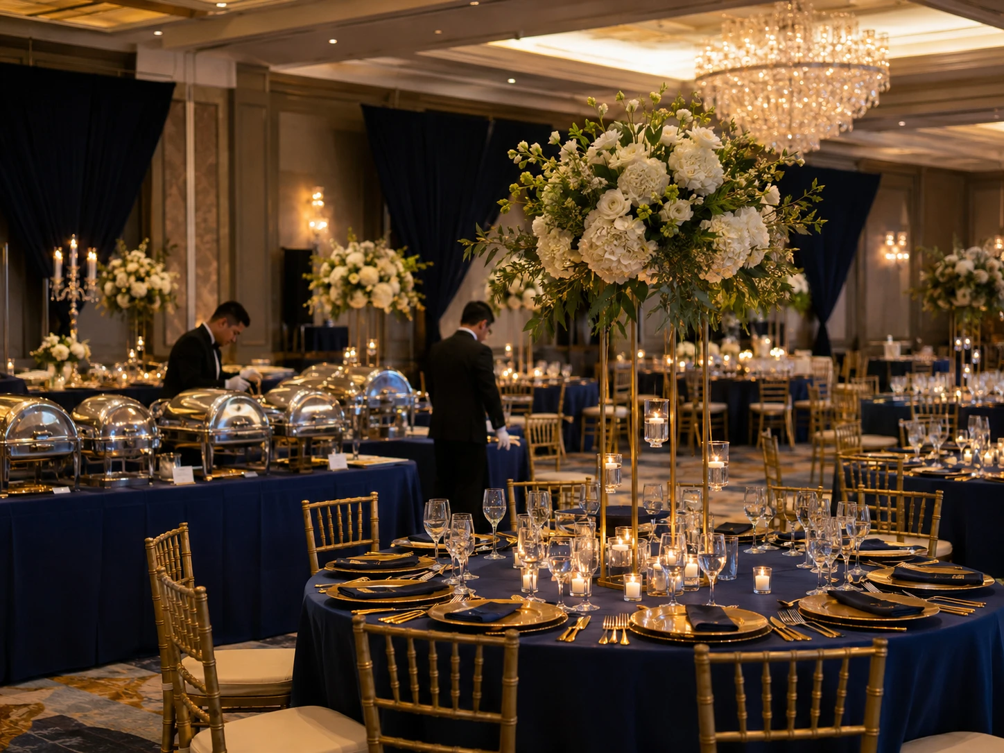 Formal catered event with buffet tables, gold Tiffany chairs, and navy table linens