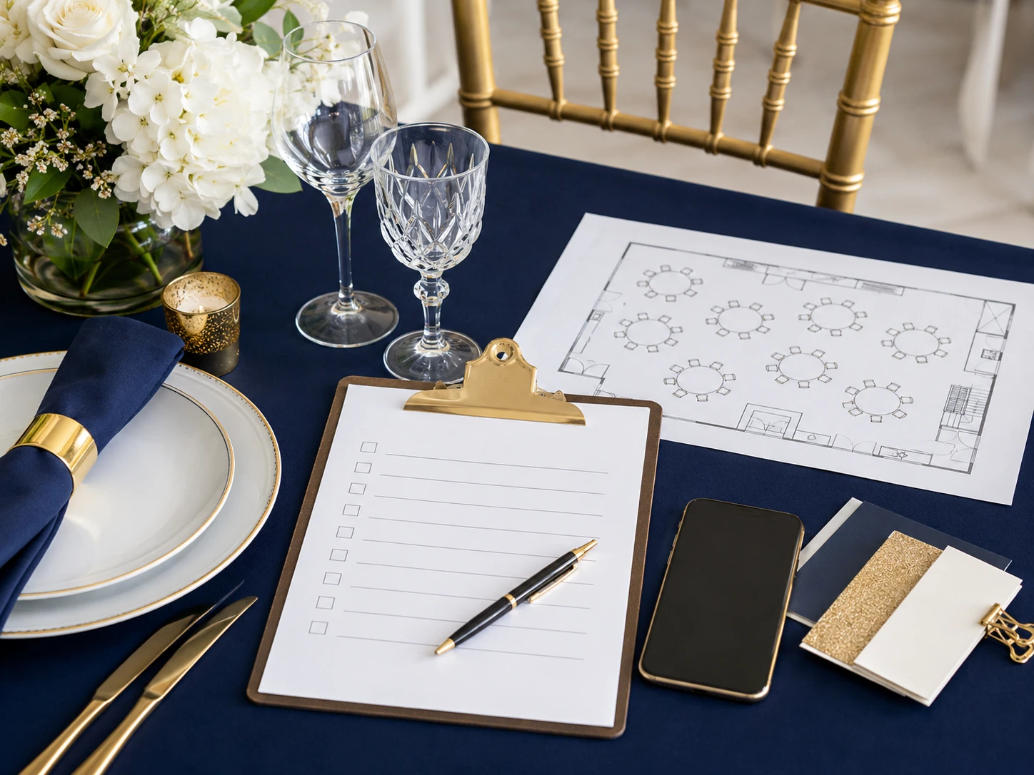 Event rental planning checklist beside a venue layout with tables and chairs