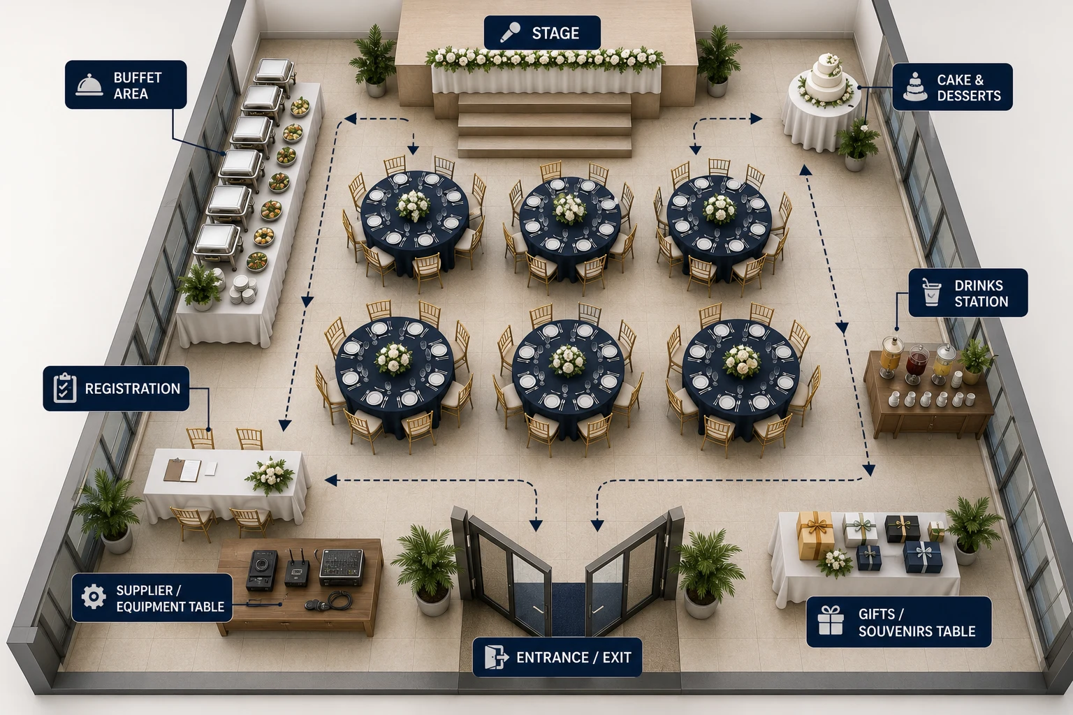 Event venue layout showing round tables, buffet area, stage, registration, drinks station, gifts table, supplier table, and clear walkways