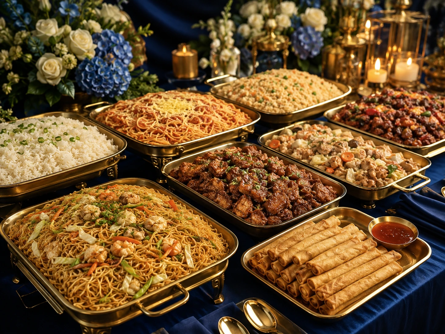 Assorted Filipino party food trays with pancit, rice, pasta, lumpia, chicken, and meat dishes