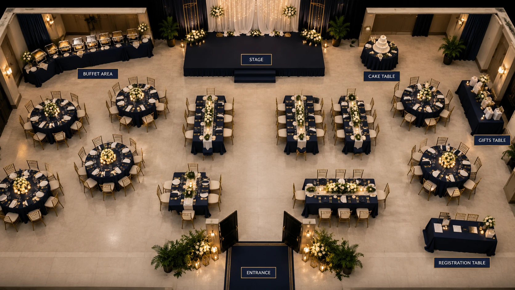 Overhead event layout with round and rectangular tables, buffet area, stage, cake table, gifts table, registration, and entrance