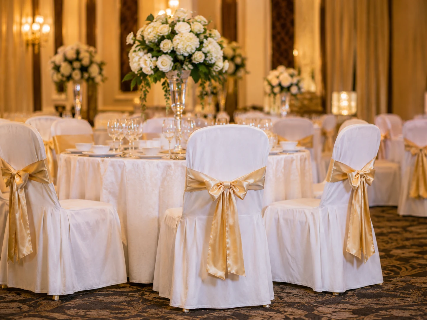 Monobloc chairs with white covers and gold ribbons arranged for a formal banquet event