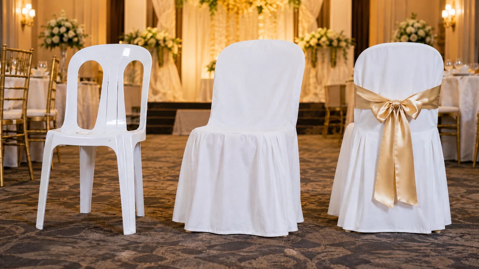 Plain monobloc chair, monobloc chair with white cover, and covered chair with gold ribbon displayed in an event venue