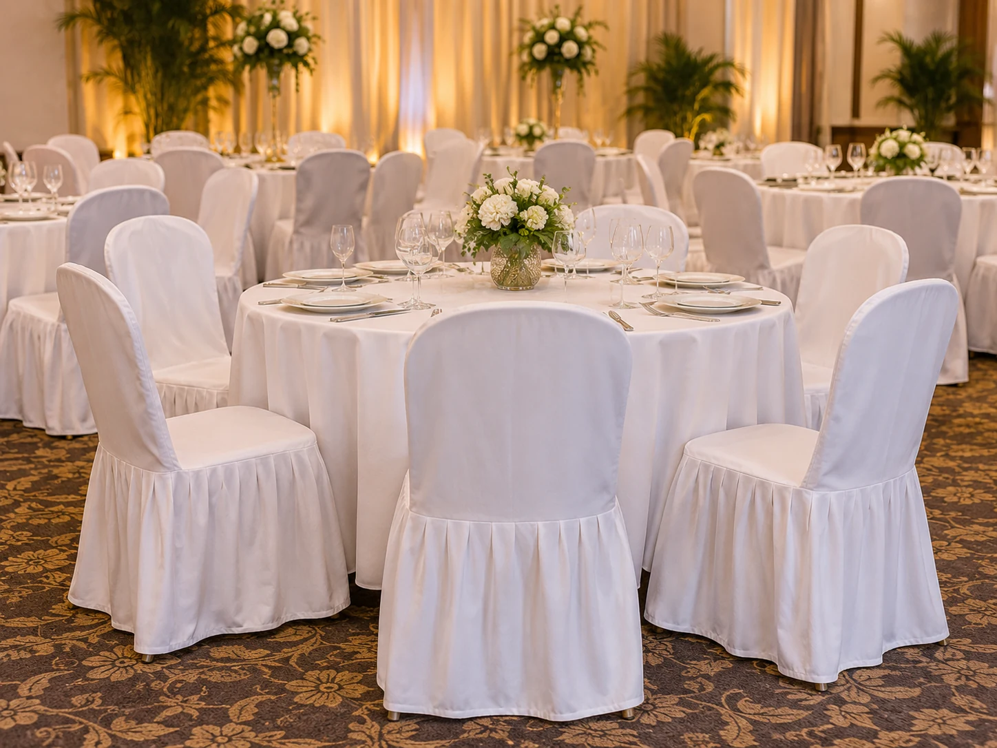 Monobloc chairs with white covers arranged around round banquet tables in an event venue