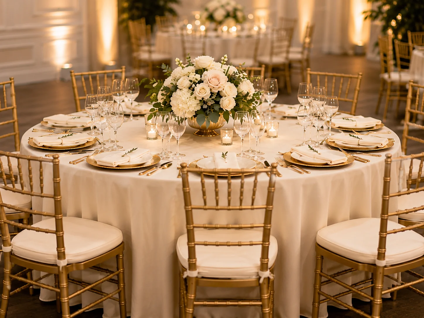 Round event dining table with gold Tiffany chairs and formal table setting