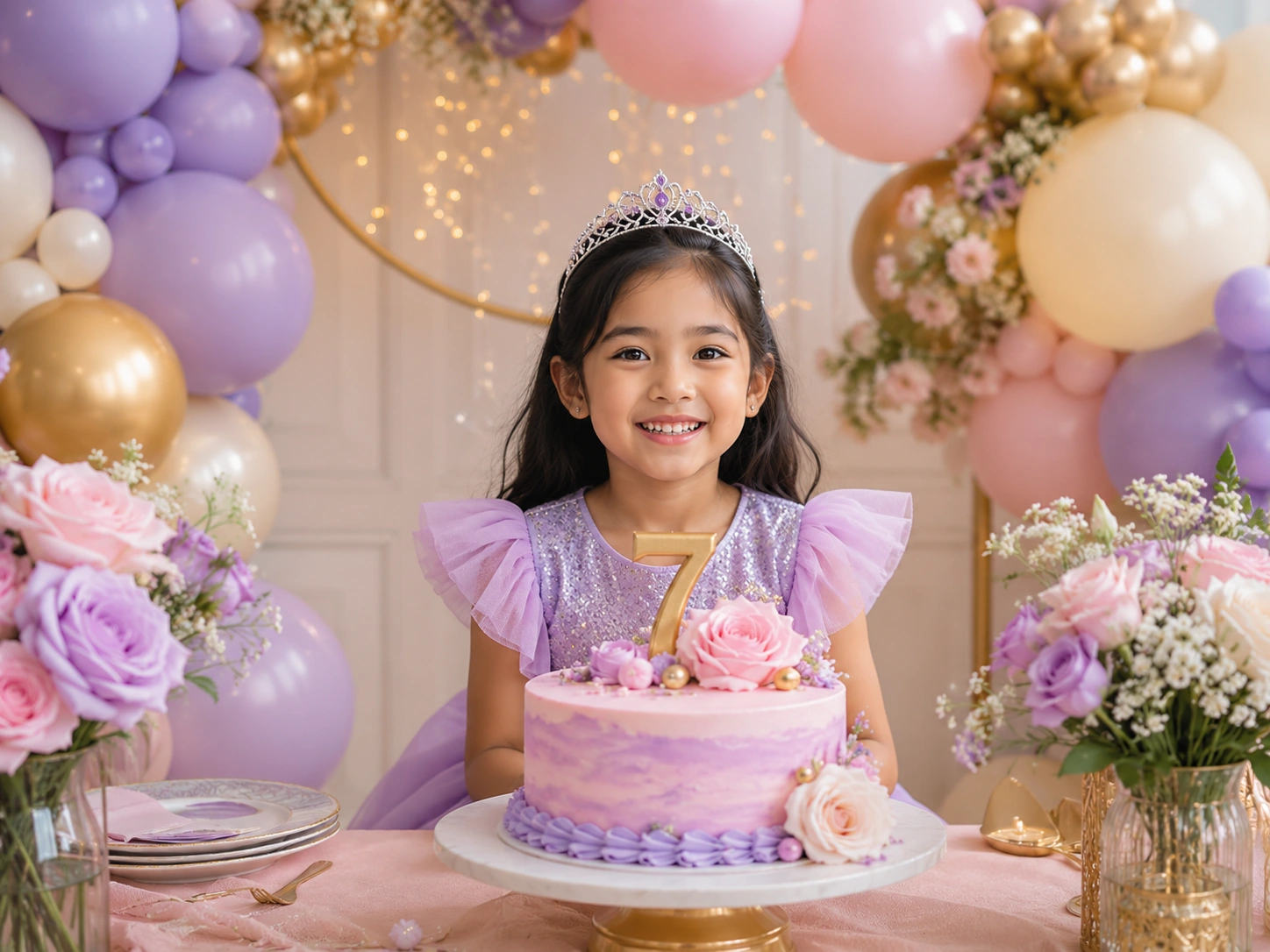 Filipino girl celebrating her 7th birthday at a pastel purple party table with cake and balloons.
