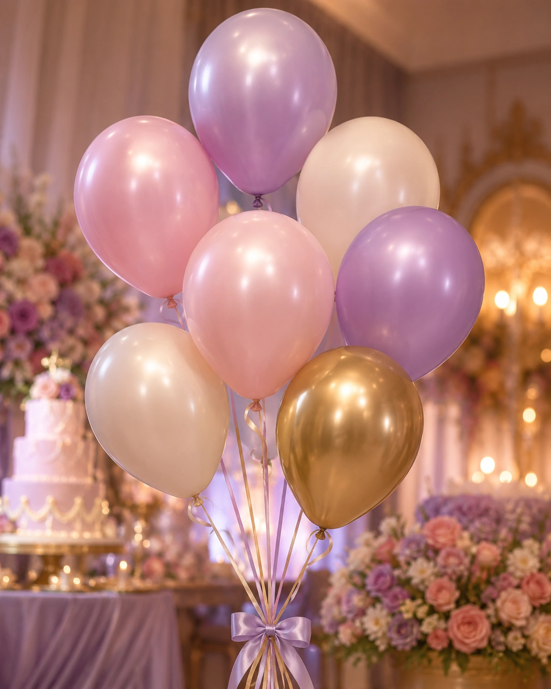 Pastel pink, lilac, cream, and gold balloons styled for a Filipino 7th birthday celebration.
