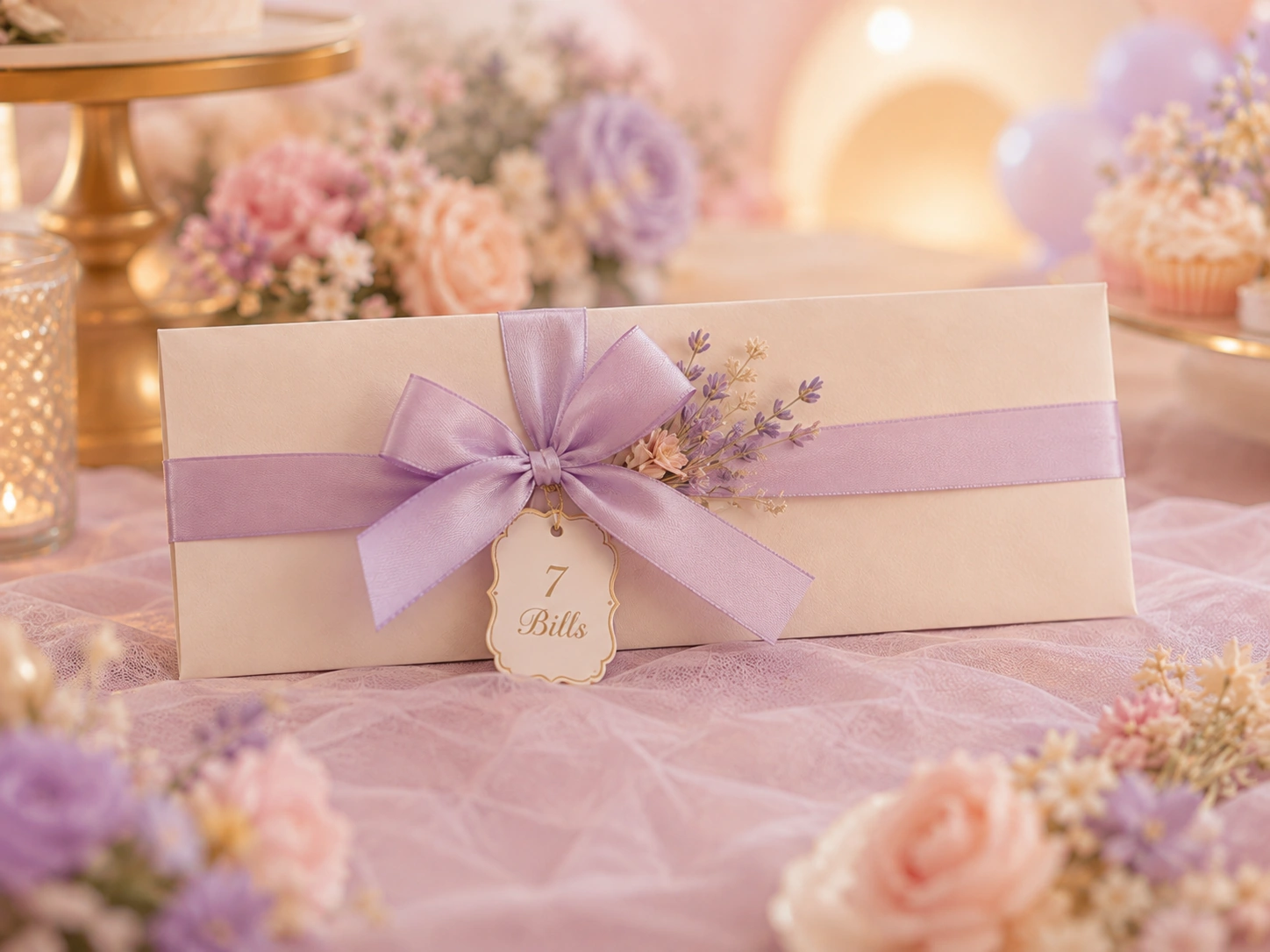 Elegant flat lay showing seven money envelopes and pastel decor for a 7th birthday tradition.