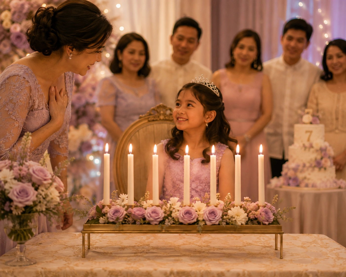 Young girl in a lilac dress seated behind seven candles during a 7th birthday wishes ceremony.