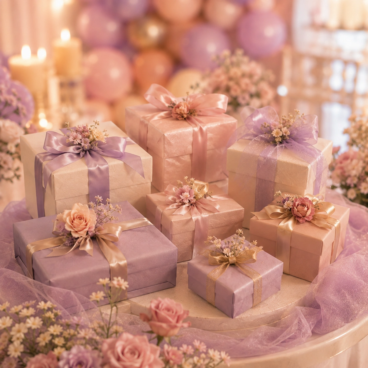Pastel gift table with wrapped presents for a 7th birthday celebration tradition.