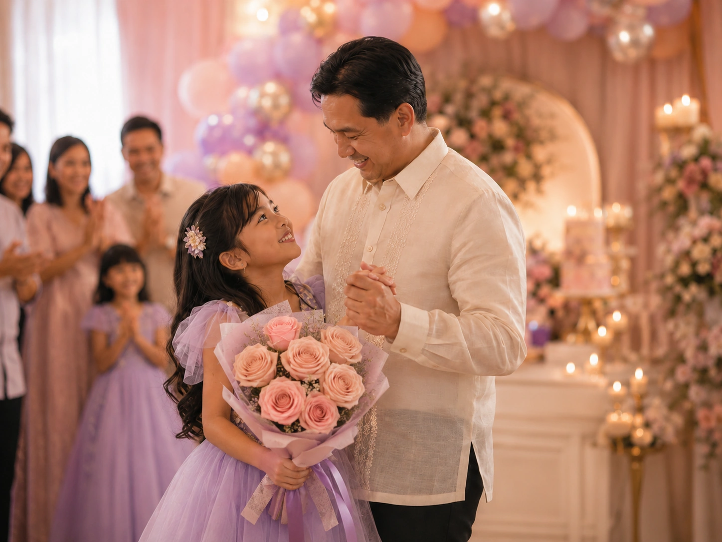 Father and daughter dancing together during the 7 Roses tradition at a pastel 7th birthday party.