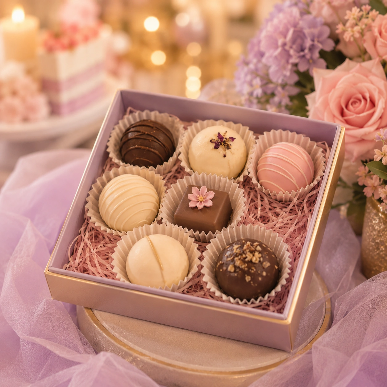 Lavender and blush dessert gift box display representing the 7 Sweets tradition at a 7th birthday.