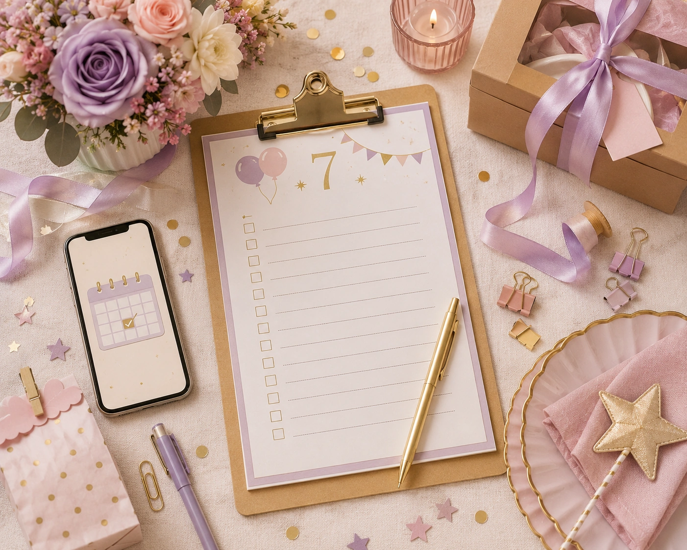 Birthday planning flat lay with checklist, notebook, and stationery in a lavender and blush theme.