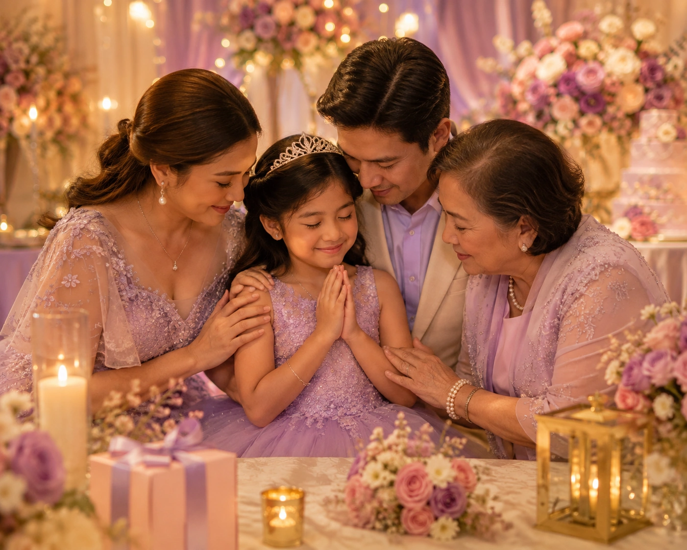 Family gathered around a girl in a lilac dress during a warm 7th birthday blessing moment.