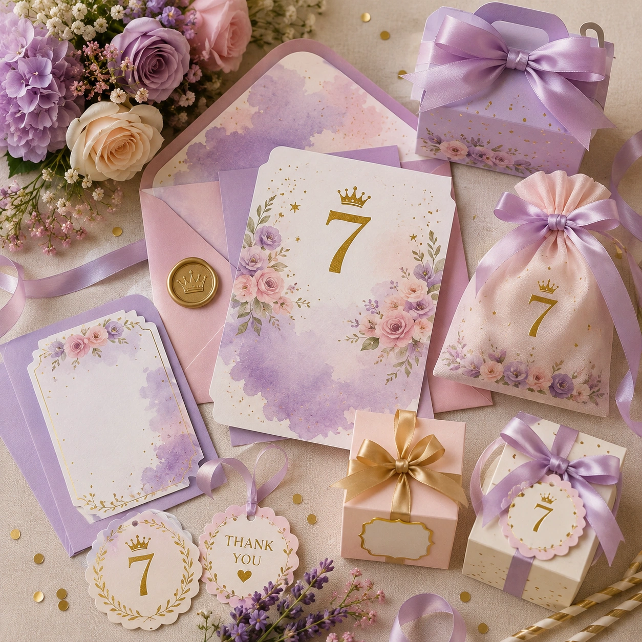 Elegant 7th birthday invitation and party favor flat lay in lavender, pink, and gold.