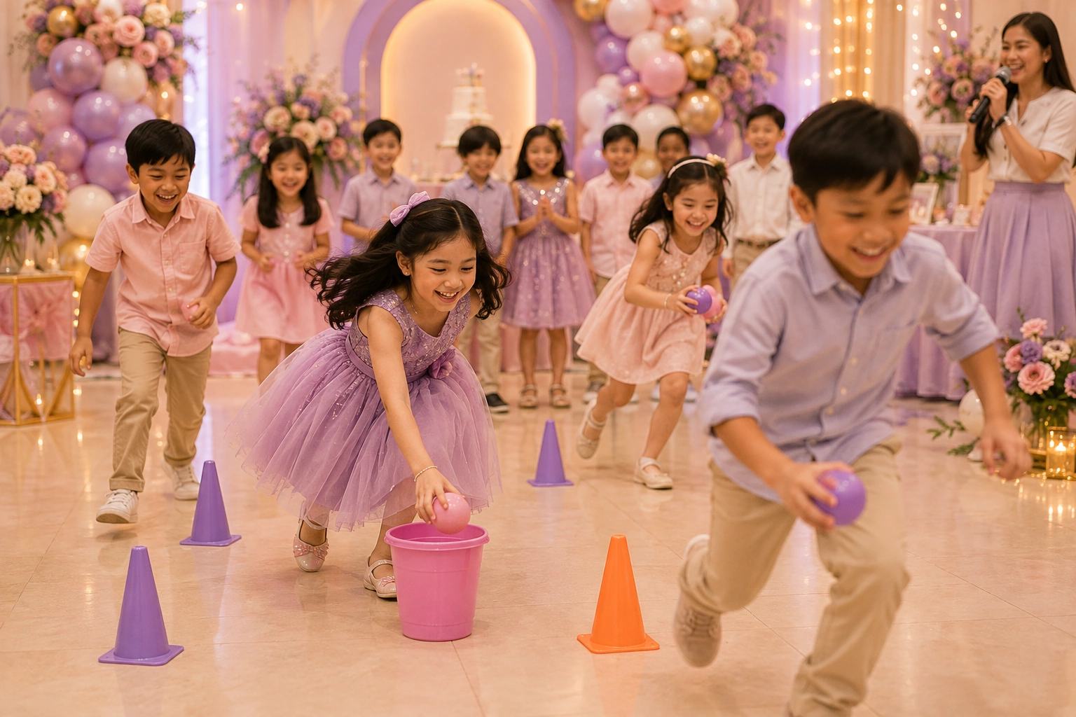Children playing a party game at a pastel-themed 7th birthday celebration.