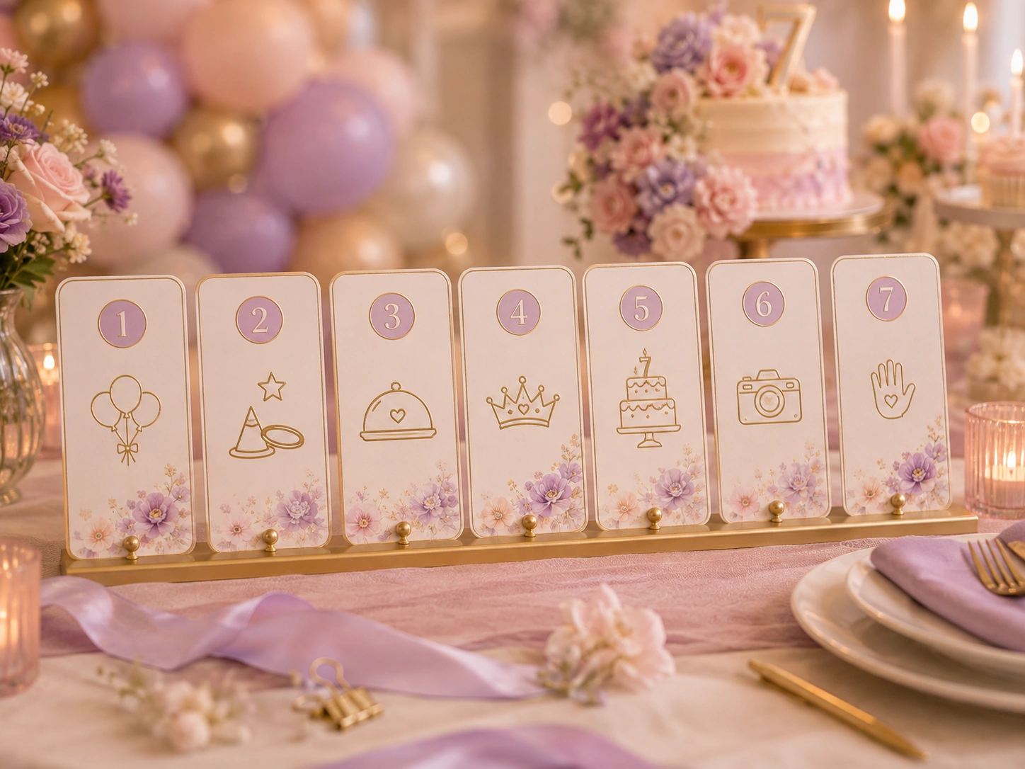 Elegant seven-step visual program board for a 7th birthday celebration.