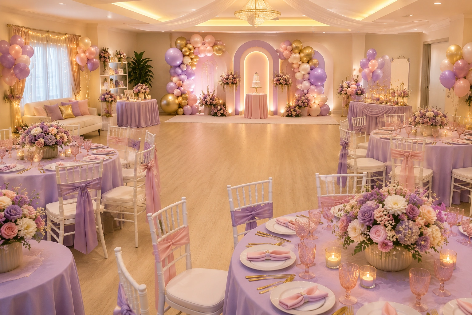 Pastel lavender 7th birthday venue setup with balloon arches, floral decor, and guest tables.