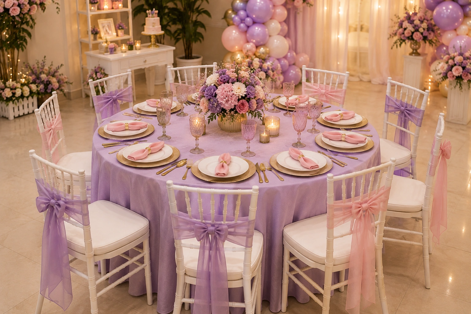 Elegant table and chair setup for a lavender and gold 7th birthday celebration.